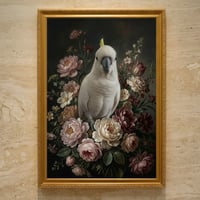 インコ（タイハクオウム）の花に囲まれた油絵風アート A3額装インテリア壁掛け