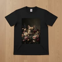 犬（フレンチブルドッグ）半袖Tシャツ 花の油絵風アート ブラック 男女兼用