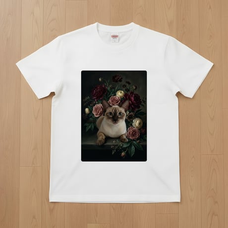 猫（シャム猫）半袖Tシャツ 花の油絵風アート ホワイト 男女兼用