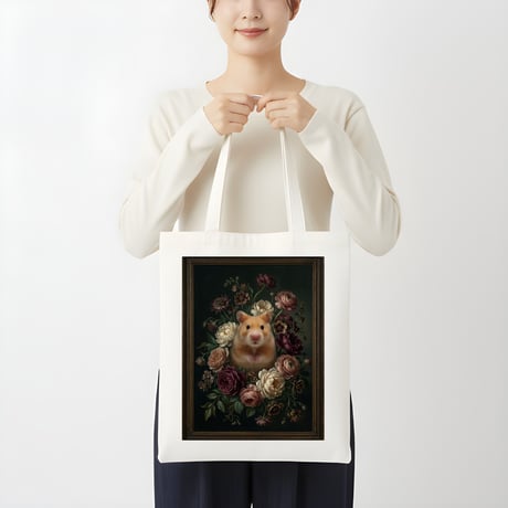 ハムスター（ゴールデンハムスター）トートバッグ 花の油絵風アート キャンバス地