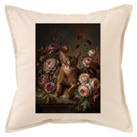 猫（アビシニアン）クッション 45cm 花の油絵風カラーアート