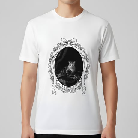 猫（マンチカン）半袖Tシャツ ルネサンス風モノクロアート ホワイト 男女兼用