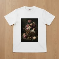 猫（アメリカンショートヘア）半袖Tシャツ 花の油絵風アート ホワイト 男女兼用