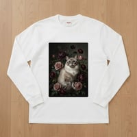 猫（ラグドール）長袖Tシャツ 花の油絵風アート ホワイト 男女兼用
