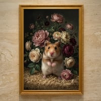 ハムスター（ファンシーハムスター）の花の油絵風アート A3額装インテリア壁掛け