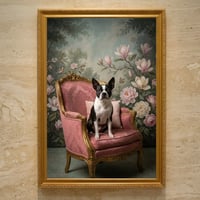 犬（ボストンテリア）のロココ調シャビーピンクアート A3額装インテリア壁掛け