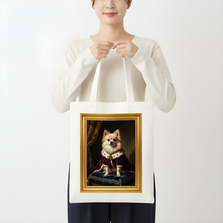 犬（ポメラニアン）トートバッグ ルネサンス風カラーアート 金縁フレーム