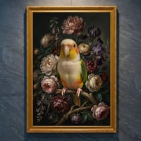 インコ（シロハラインコ）の花に囲まれた油絵風アート A4金縁額装インテリア壁掛け