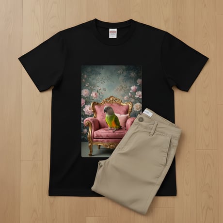 セネガルパロット半袖Tシャツ ロココ調シャビーピンク ブラック 男女兼用