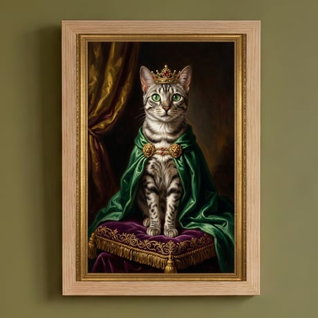 猫（エジプシャンマウ）のルネサンス風肖像画 油絵風アートA4額装インテリア壁掛け