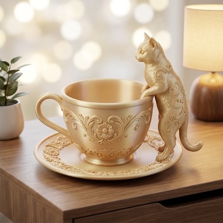 猫（ターキッシュアンゴラ）のアクセサリートレイ 小物入れ シルクゴールド