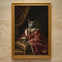 猫（ロシアンブルー）のルネサンス風肖像画 油絵風アートA3額装インテリア壁掛け