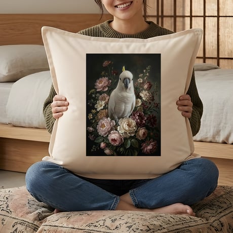 インコ（タイハクオウム）クッション 45cm 花の油絵風カラーアート