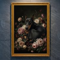 犬（ドーベルマン）の花に囲まれた油絵風アート A4金縁額装インテリア壁掛け