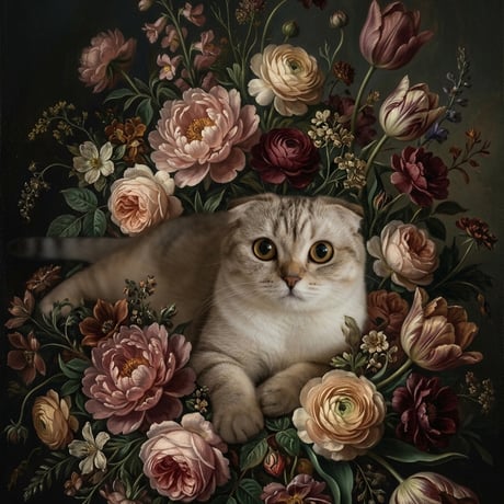 猫（スコティッシュフォールド）の花の油絵風アート A3額装インテリア壁掛け