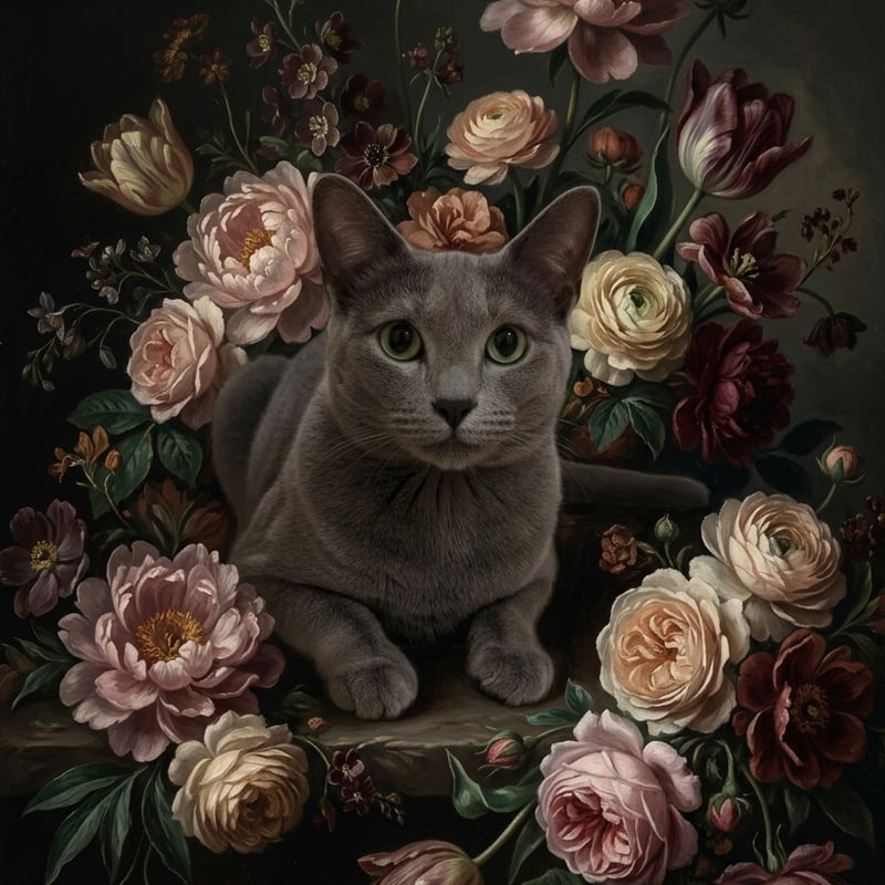 猫（ロシアンブルー）の花に囲まれた油絵風アート A3額装インテリア