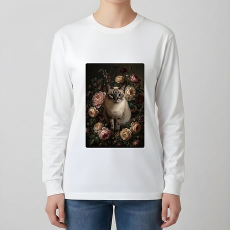 猫（シャム猫）長袖Tシャツ 花の油絵風アート ホワイト 男女兼用