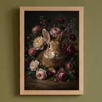 うさぎ（タン）の花に囲まれた油絵風アート A4額装インテリア壁掛け