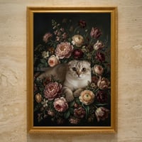 猫（スコティッシュフォールド）の花の油絵風アート A3額装インテリア壁掛け