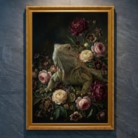 イグアナ（トゲオイグアナ）の花の油絵風アート A4金縁額装インテリア壁掛け