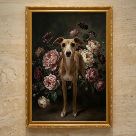 犬（イタリアングレーハウンド）の花の油絵風アート A3額装インテリア壁掛け