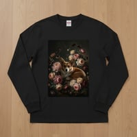 犬（コーギー）長袖Tシャツ 花の油絵風アート ブラック 男女兼用