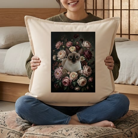 猫（シャム猫）クッション 45cm 花の油絵風カラーアート
