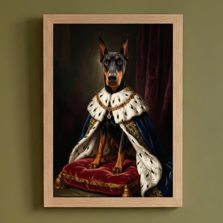 犬（ドーベルマン）のルネサンス風肖像画 油絵風アートA4額装インテリア壁掛け