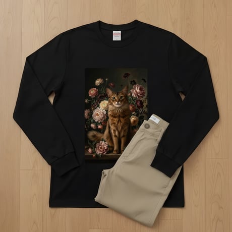 猫（ソマリ）長袖Tシャツ 花の油絵風アート ブラック 男女兼用