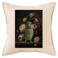 インコ（ワカケホンセイインコ）クッション 45cm 花の油絵風カラーアート