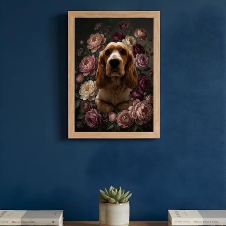 犬（コッカースパニエル）の花に囲まれた油絵風アート A4額装インテリア壁掛け