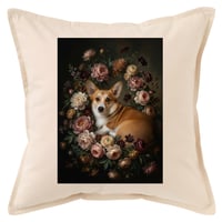 犬（コーギー）クッション 45cm 花の油絵風カラーアート