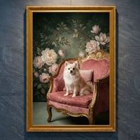 犬（ポメラニアン）のロココ調シャビーピンクアート A4金縁額装インテリア壁掛け