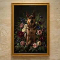犬（ジャーマンシェパード）の花に囲まれた油絵風アート A3額装インテリア壁掛け