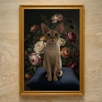 猫（デボンレックス）の花に囲まれた油絵風アート A3額装インテリア壁掛け