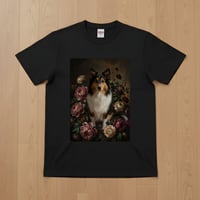 シェットランドシープドッグ半袖Tシャツ 花の油絵風アート ブラック 男女兼用