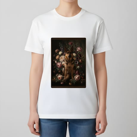 犬（ジャーマンシェパード）半袖Tシャツ 花の油絵風アート ホワイト 男女兼用