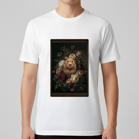 ゴールデンハムスター半袖Tシャツ 花の油絵風アート ホワイト 男女兼用