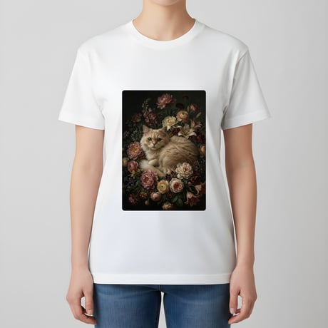 猫（ペルシャ猫）半袖Tシャツ 花の油絵風アート ホワイト 男女兼用