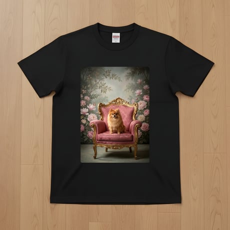 犬（ポメラニアン）半袖Tシャツ ロココ調シャビーピンク ブラック 男女兼用