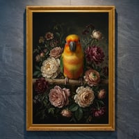 インコ（ナナイロメキシコインコ）の花の油絵風アート A4金縁額装インテリア壁掛け