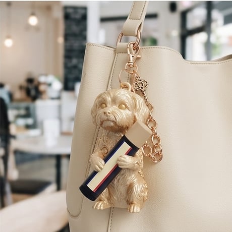 犬（マルチーズ）の3Dプリント リップケース シルクゴールド キーホルダー