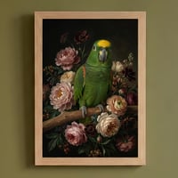 インコ（キエリボウシインコ）の花に囲まれた油絵風アート A4額装インテリア壁掛け
