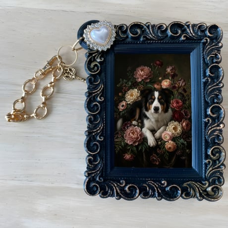 犬（ボーダーコリー）バッグチャーム 花の油絵風アート ブラック額縁