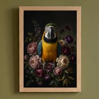 インコ（ルリコンゴウインコ）の花に囲まれた油絵風アート A4額装インテリア壁掛け