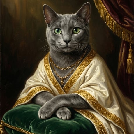 猫（ロシアンブルー）のルネサンス風肖像画 A4金縁額装インテリア壁掛け
