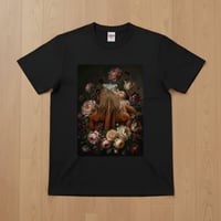 イグアナ（レッドイグアナ）半袖Tシャツ 花の油絵風アート ブラック 男女兼用