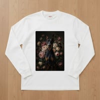 犬（ドーベルマン）長袖Tシャツ 花の油絵風アート ホワイト 男女兼用