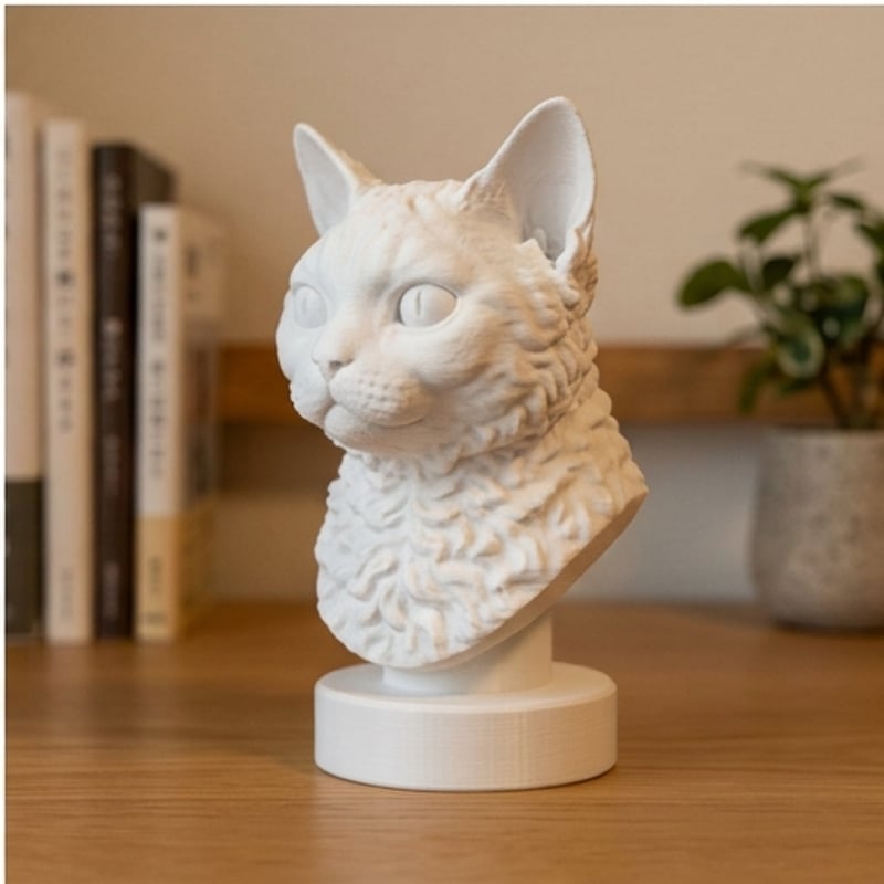 猫（セルカークレックス）の3Dプリント胸像 白PLA 彫刻 置物