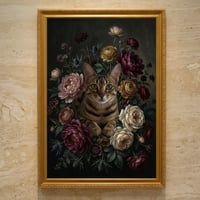 猫（オシキャット）の花に囲まれた油絵風アート A3額装インテリア壁掛け
